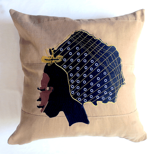 18x18 embroidered Aso Oke pillow Adinkra symbol cream