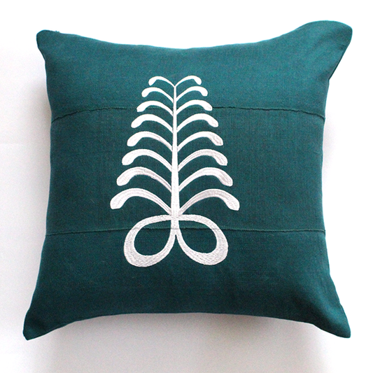 18x18 embroidered Aso Oke pillow Adinkra symbol teal