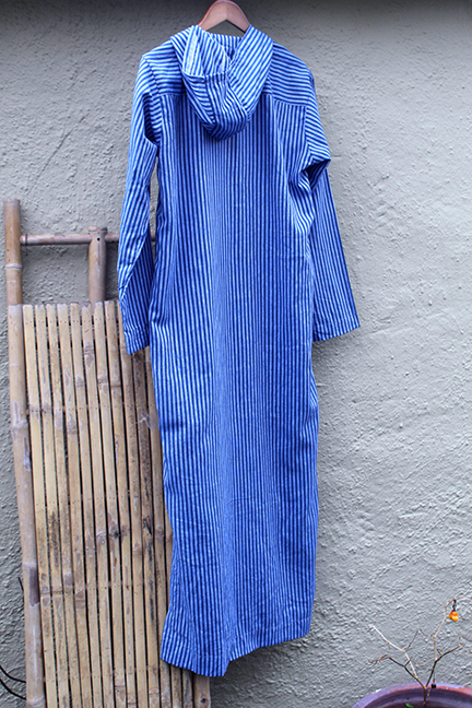 Men's Linen Kaftan - Hooded Blue Striped noraokafor