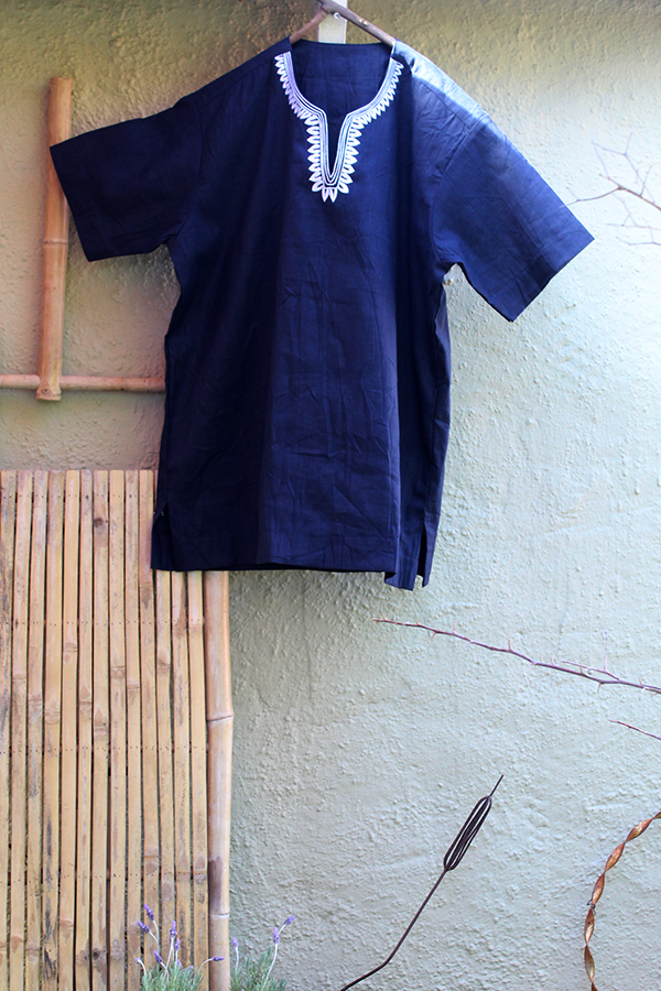Men's Linen Dashiki-inspired Embroidered Shirt - Navy noraokafor
