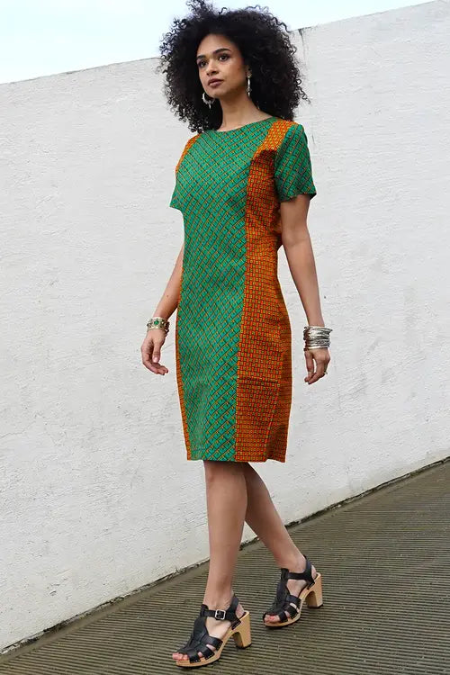 Orange and Green Crew Neck Short Sleeve Sheath Dress  noraokafor