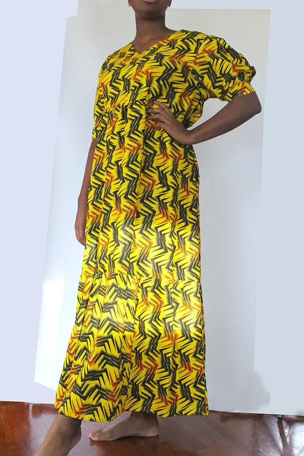 Sunflower V-Neck Puff-Sleeve Ruffle-Hem Maxi Dress (XXXL)