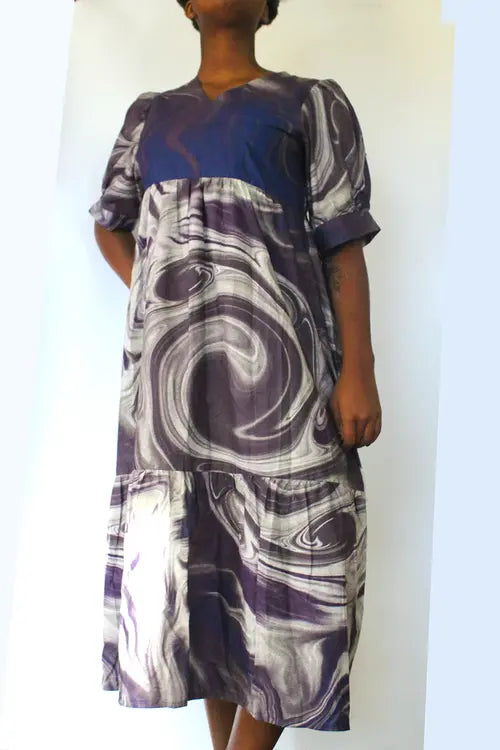 Swirl V-Neck Puff-Sleeve Ruffle-Hem Maxi Dress