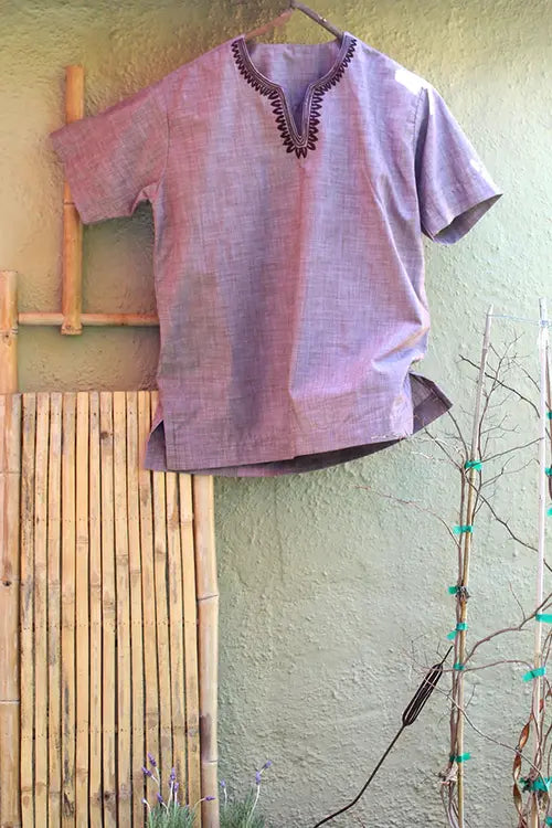 Men's Linen Dashiki-inspired Embroidered Shirt - Tan