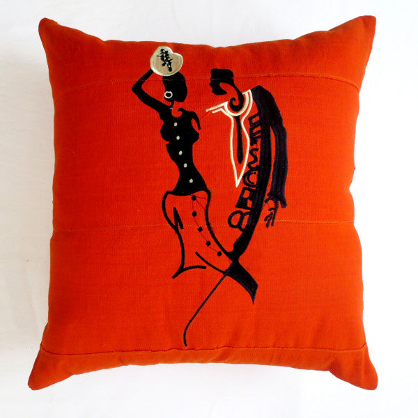 18x18 embroidered Aso Oke pillow Adinkra symbol orange