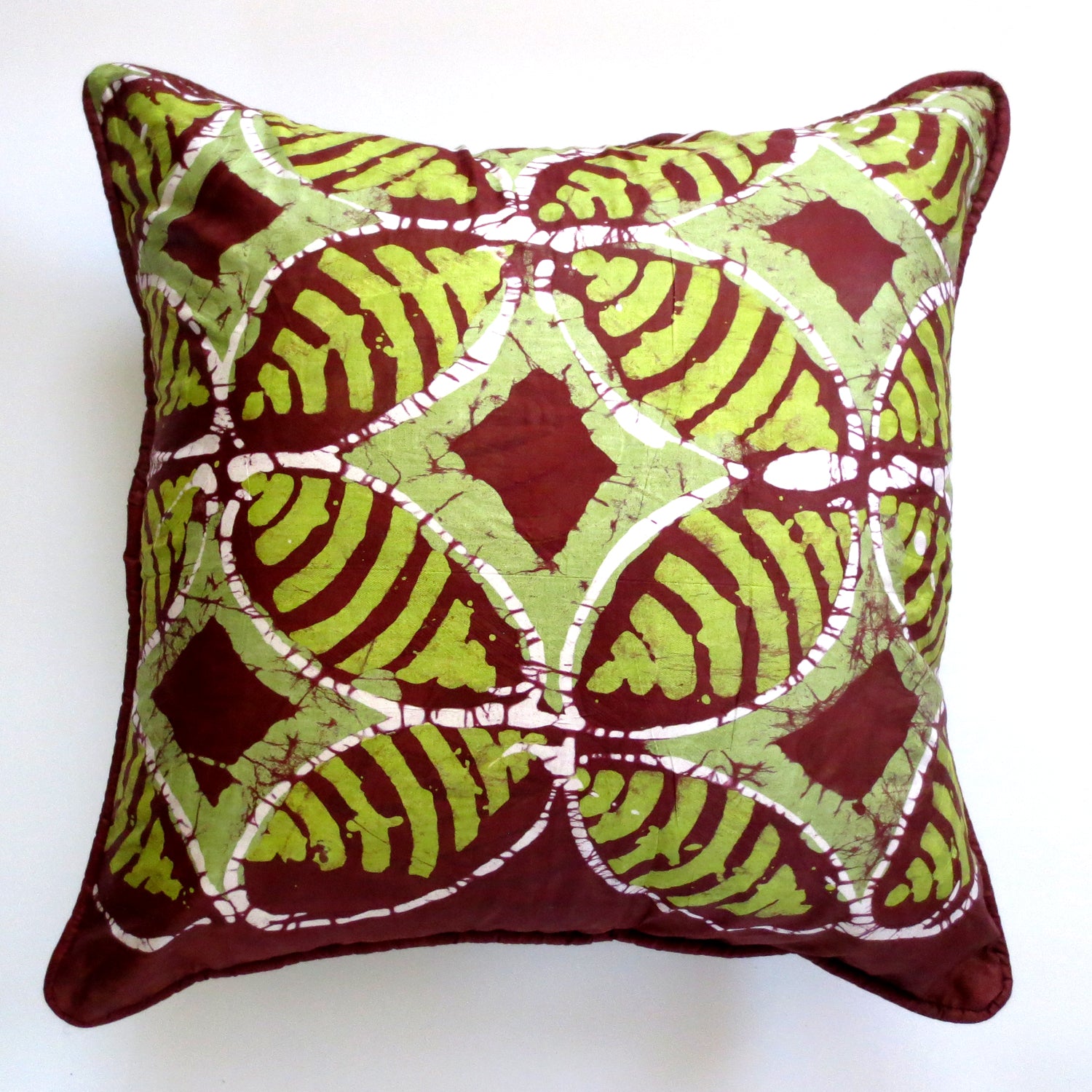 20"x20" pillow cover. Chartreuse, white and copper motif.