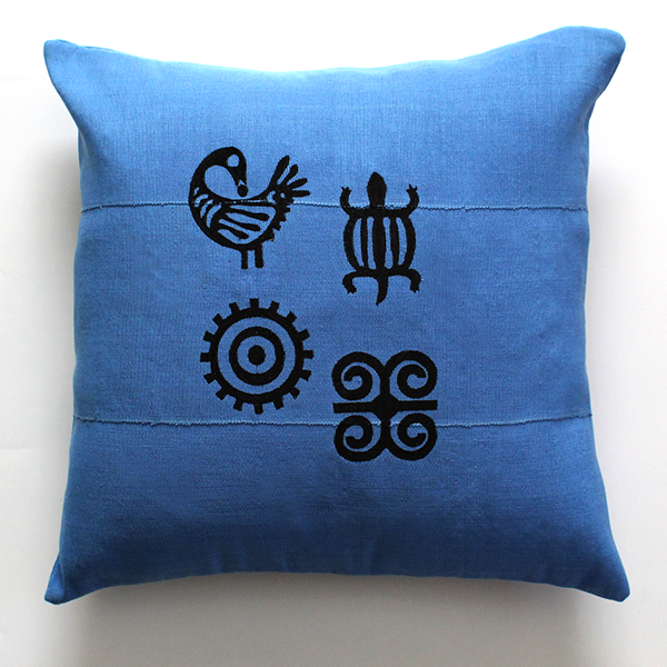 18x18 embroidered Aso Oke pillow Adinkra symbol blue noraokafor