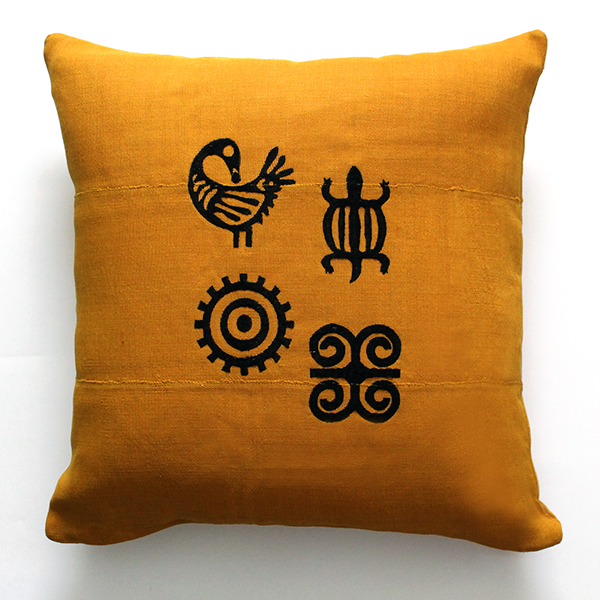 18x18 tembroidered Aso Oke pillow Adinkra mustard